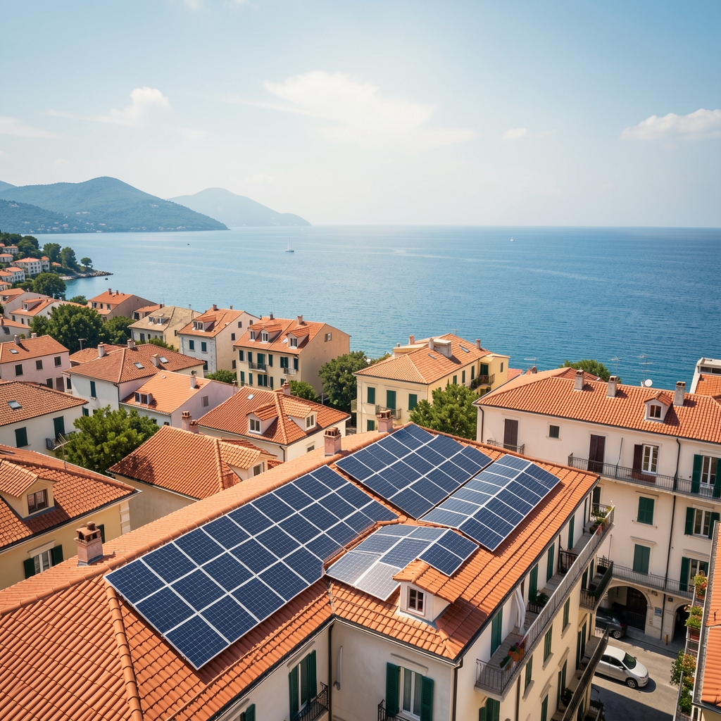 Solarni paneli i vjetroturbine u jadranskom priobalju, obnovljivi izvori energije kao dio odgovora na klimatske promjene, moderni energetski krajobraz uz mediteransku vegetaciju