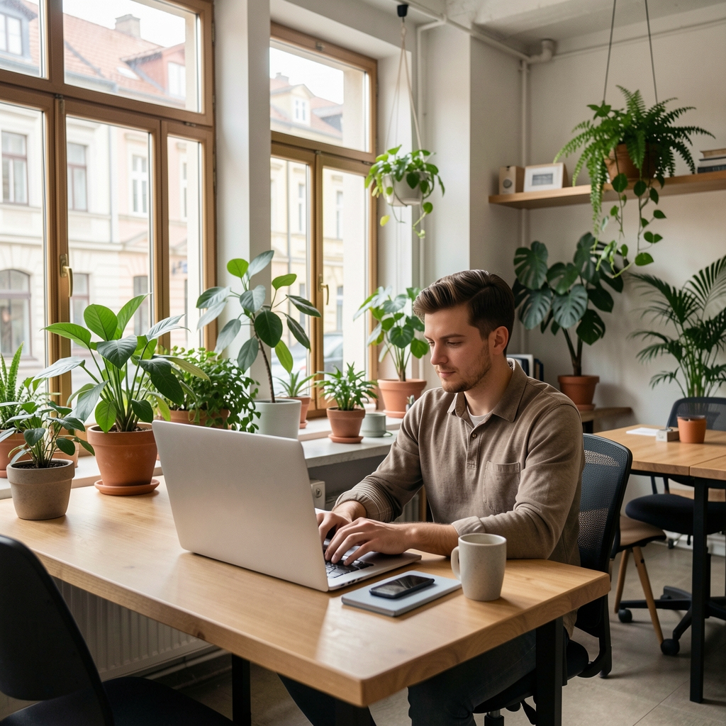 Mladi poduzetnik radi na laptopu u modernom coworking prostoru s biljkama i prirodnim osvjetljenjem u hrvatskom gradu