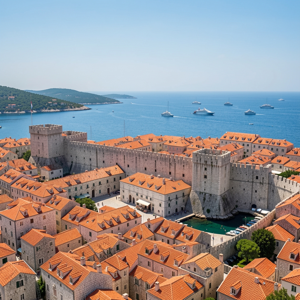 Aerijelni pogled na Stari grad Dubrovnik s poznatim gradskim zidinama, more i brodovi u daljini za sunčanog ljetnog dana