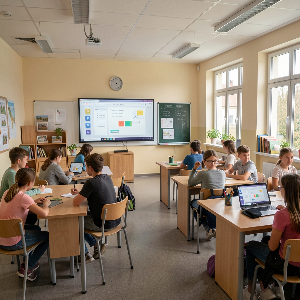 Djeca i učitelji u modernoj osnovnoj školi u Rijeci za nastavnog sata s interaktivnom pločom i suvremenim namještajem