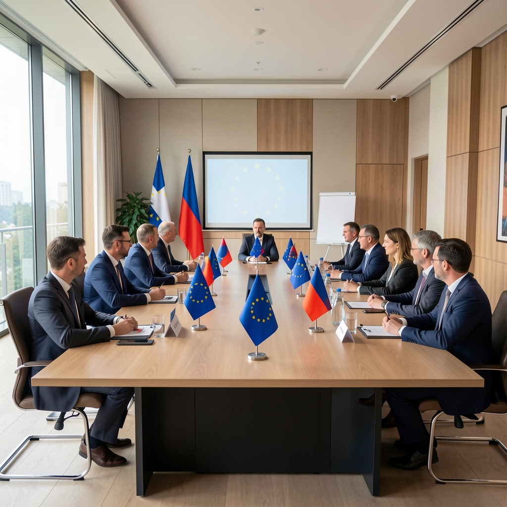 Eu zastave ispred europske institucije u Bruxellesu s modernom arhitekturom zgrade u pozadini, sunčani dan