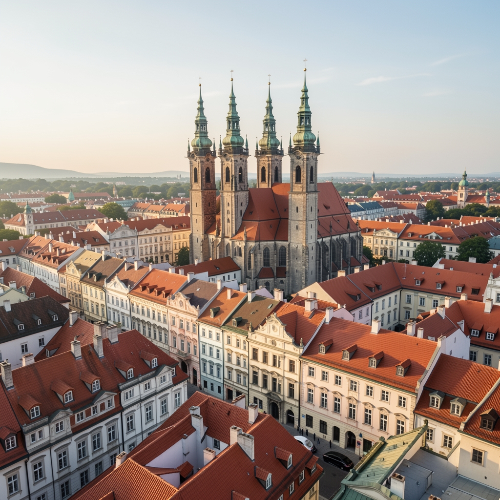Pogled na zagrebačku Gornji Grad s tornjevima Katedrale i crvenim krovovima starih zgrada, panorama središta Zagreba u jutarnjoj svjetlosti